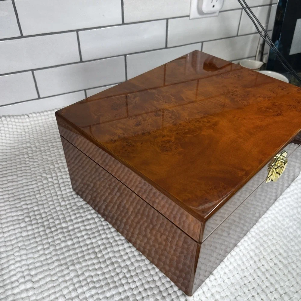 Wooden Memorial Box Burl Wood Felt Lined 12.5x10.5x5.5 in Treasure Chest